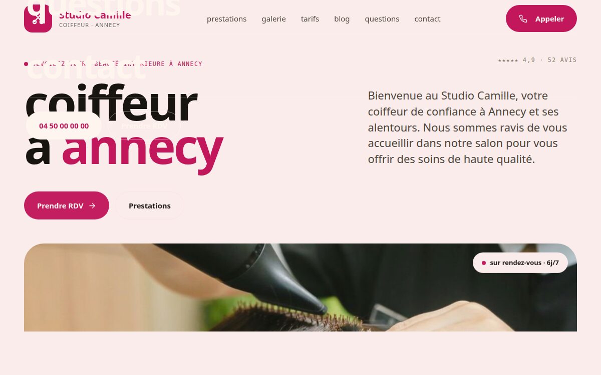 Site internet d'un salon de coiffure à Annecy créé avec Quickio